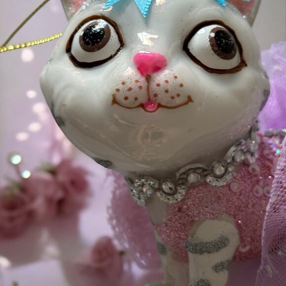 Robert Stanley Kitty Cat Glass Xmas Ornament Tutu Purple Pink Gray White Tabby - Picture 4 of 10